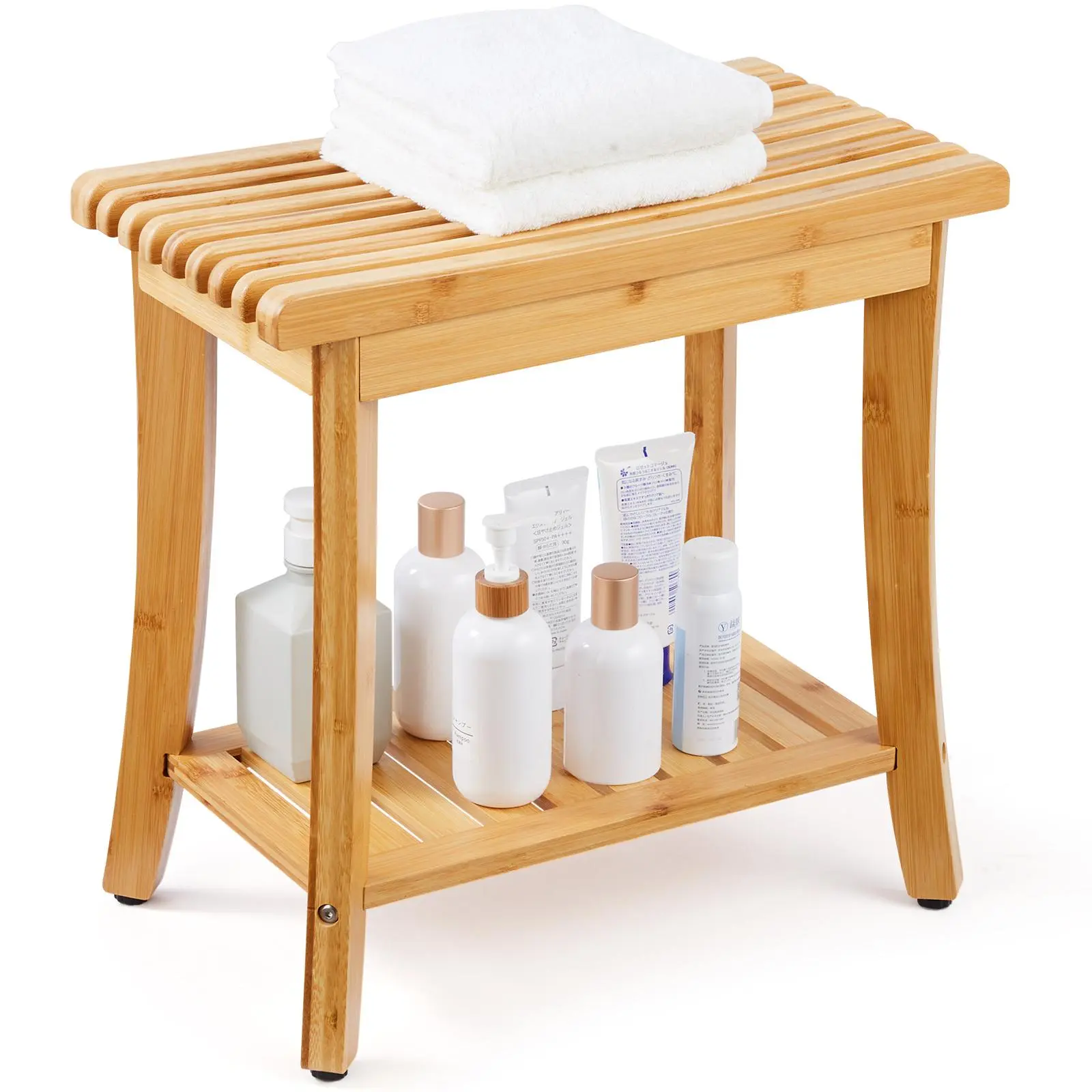 【SummerFinds】VEVOR Bamboo Shower Bench,  , 19.1 x 11.3 x 18.3 in, Waterproof Shower Stool Chair with Storage Shelf, 330lbs Load Capacity Spa Bath Seat Organizer, for Adults Seniors Women Elderly Indoor Outdoor