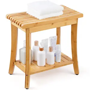 【Summervibes】VEVOR Bamboo Shower Bench,  , 19.1 x 11.3 x 18.3 in, Waterproof Shower Stool Chair with Storage Shelf, 330lbs Load Capacity Spa Bath Seat Organizer, for Adults Seniors Women Elderly Indoor Outdoor