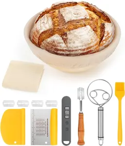 CODOGOY Banneton Bread Proofing Basket, Sourdough Bread Baking Supplies, Sourdough Starter Kit with 9" Round Proofing Basket, Food Thermometer, Spatula, Scraper, Dough Whisk