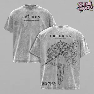 Frieren Tee Washed – Frieren Beyond Journey’s End Vintage Washed Heavy Cotton Oversized Anime Manga Hoodie T-Shirt, Double Printed Retro Unisex Streetwear Graphic Top, Fantasy Healing Journey Edition, Japanese Anime Merch