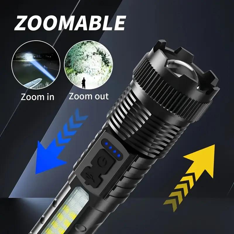 2PCS 5-Mode Zoomable LED handheld Flashlight with COB Side Light, USB-C Charging & Power Display, 8H Runtime, Detachable Clip garden use nighttime security