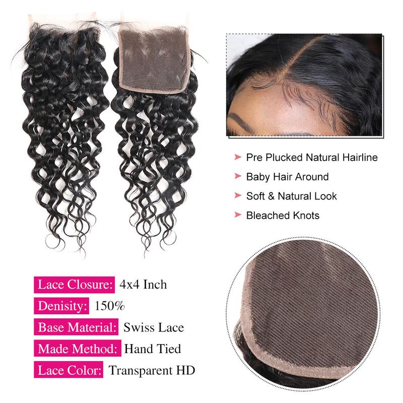 Water Wave Bundles with Closure Human Hair 10A Brazilian Virgin Hair Bundles and Closure 100% Unprocessed Water Wave Human Hair Bundles with 4x4 Lace Closure