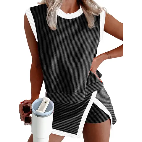 EVALESS Women's 2-Piece Casual Crew Neck Ribbed Sleeveless Knit Top & High-Waisted Split Lined Skirt Set - Soft, Elastic Summer Outfits, Clothes for Women, 2026 Womenswear Deals
