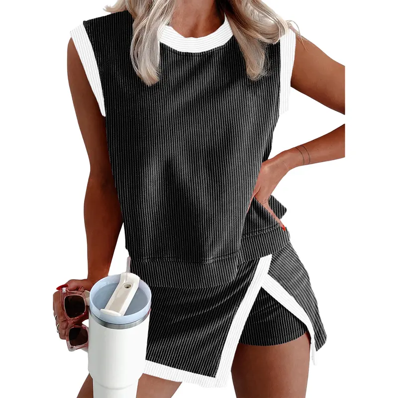 EVALESS Women's 2-Piece Casual Crew Neck Ribbed Sleeveless Knit Top & High-Waisted Split Lined Skirt Set - Soft, Elastic Summer Outfits, Clothes for Women, 2026 Womenswear Deals