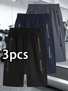 Men’s 3-piece set of ice silk plus-size knee-length shorts—new for summer, loose fit, quick-drying, stretchy, breathable athletic casual shorts suitable for family outings; available in multiple styles and ideal as a gift for men.