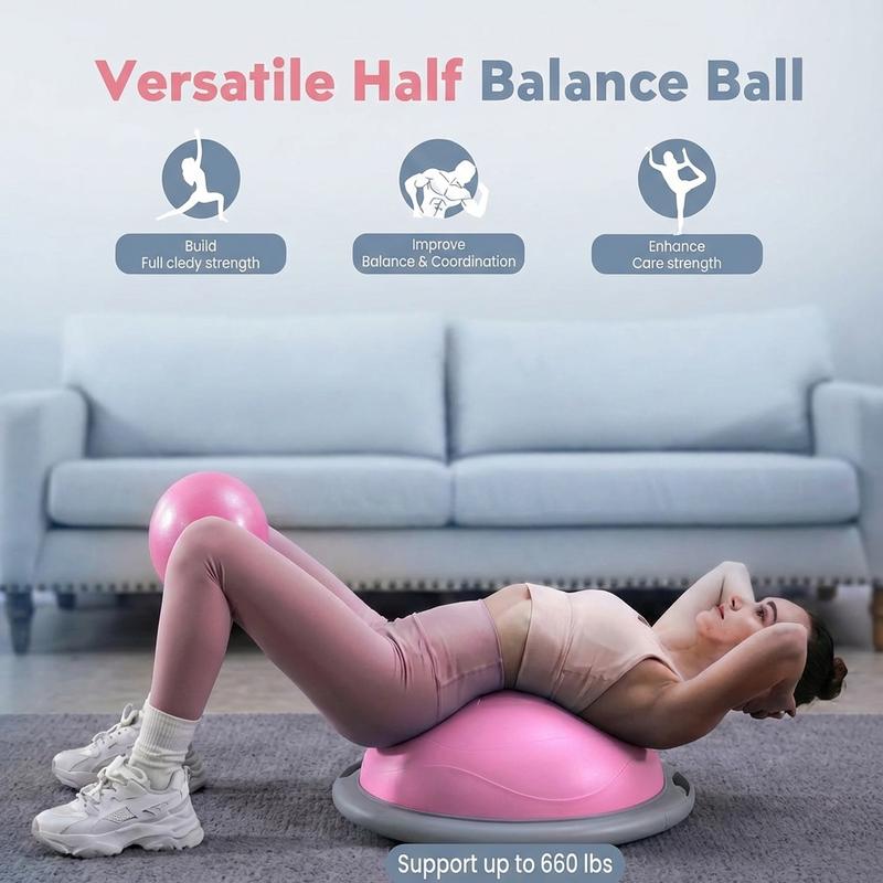 Yagud Balance Ball Trainer, 24 Inch Half Exercise Ball with Resistance Bands and Foot Pump, Half Yoga Ball for Core Strength Training, 660lb Capacity, Pink/Blue
