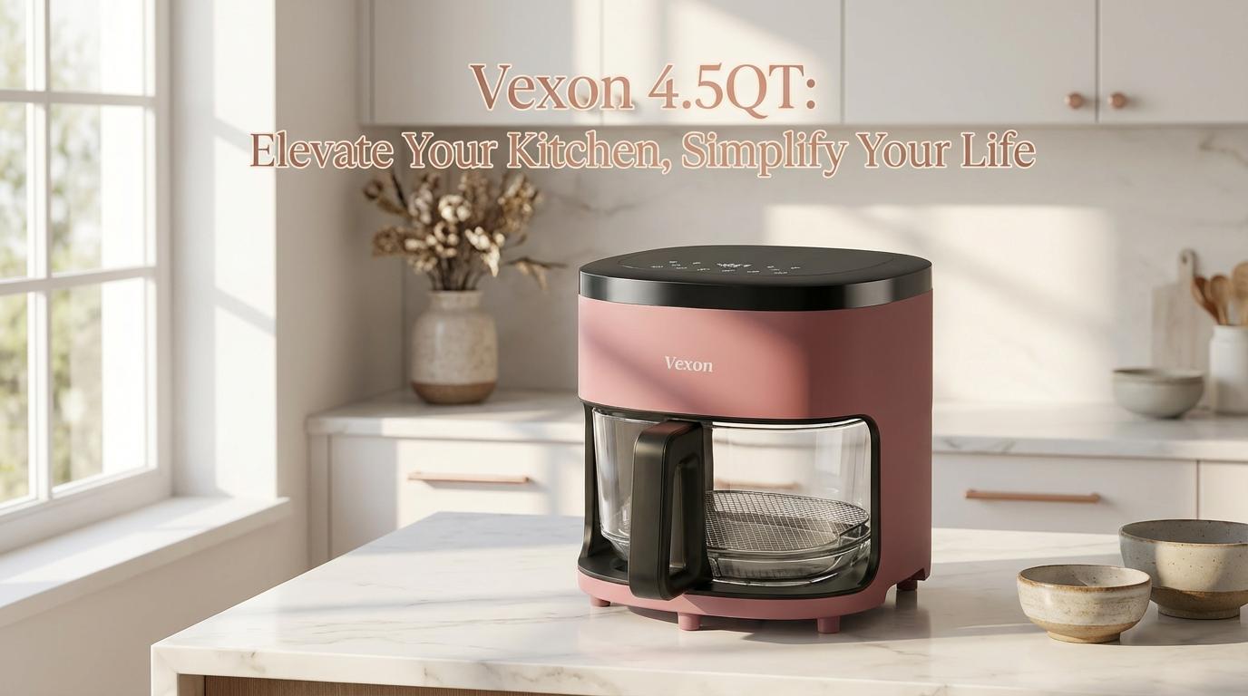 VEXON Aesthetic Pink Glass Air Fryer 4.5QT – 6-in-1 Digital Air Fryer with Viewing Window, 97% Less Oil, Quiet & Easy Clean, A Perfect Gift for your girl