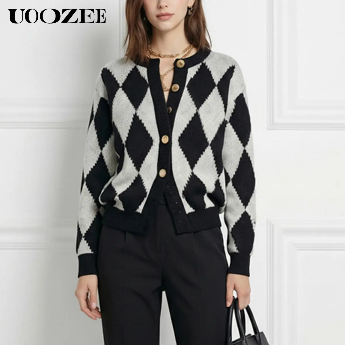 UOOZEE Women's Autumn Winter Feminine Oversized Knit Shrugs - Cropped, Fitted Turtleneck Button Argyle Cardigan Tops, Black White Geometric Plaid, Long Sleeve, Breathable Spandex Knit, Lightweight Soft Fabric, Strappy Trouser-Friendly, Casual Office Wear