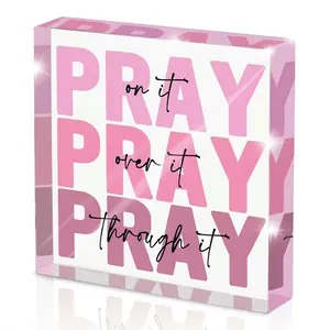 Pink Inspirational Decor Pray Gifts for Women, Bible Verse Wall Art Desk Decor, Pink Dorm Decor, Women's Acrylic Office Accessories and  Christian Decor Sign for Home Room Mantel or Bathroom Dorm Room Decoration - Pray on it Pray through it, 4x4 Inches