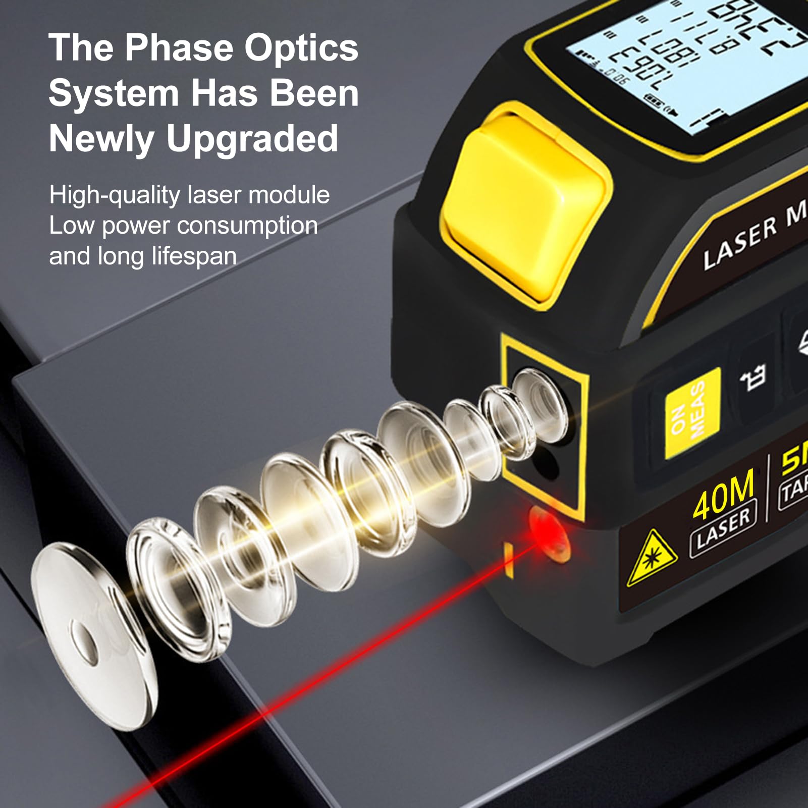 4-in-1 Laser Tape Measure with Laser Level Crosshairs |130ft/40m Laser Distance+16ft/5m AutoLock Tape |Backlit LCD Display (Ft/Inch/M/mm) |for DIY,Construction, Interior Design 4-in-1 Laser Tape Measure with Laser Level Crosshairs |130ft/40m Laser Distance+16ft/5m AutoLock Tape |Backlit LCD Display (Ft/Inch/M/mm) |for DIY,Construction, Interior Design