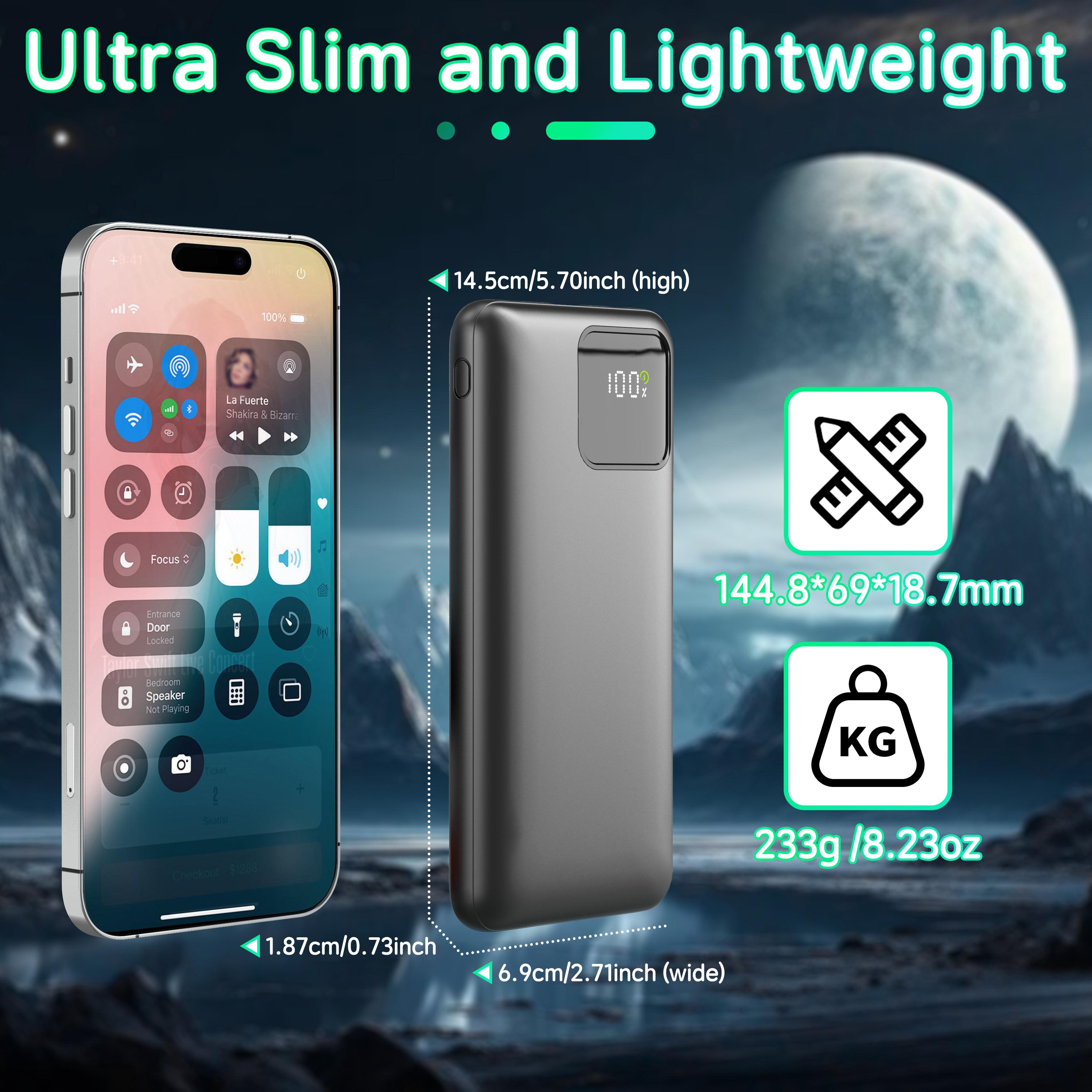 Slim Portable Charger 10000mAh, Built-in Cables & Fast Charging Power Bank, 4 Outputs/2 Inputs, 22.5W for iPhone, Samsung, Google Pixel, iPad & More