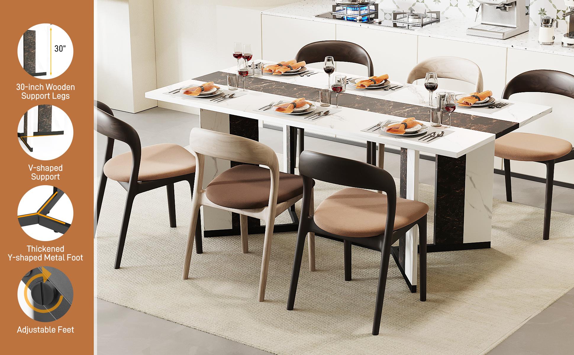 71 Inch Modern Marble-Color Rectangular Dining Table for 6-10 People with Waterproof Wood Top & Adjustable Legs for Kitchen Living Room