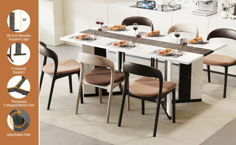 71 Inch Modern Marble-Color Rectangular Dining Table for 6-10 People Waterproof Wood Top Adjustable Legs for Kitchen Living Room