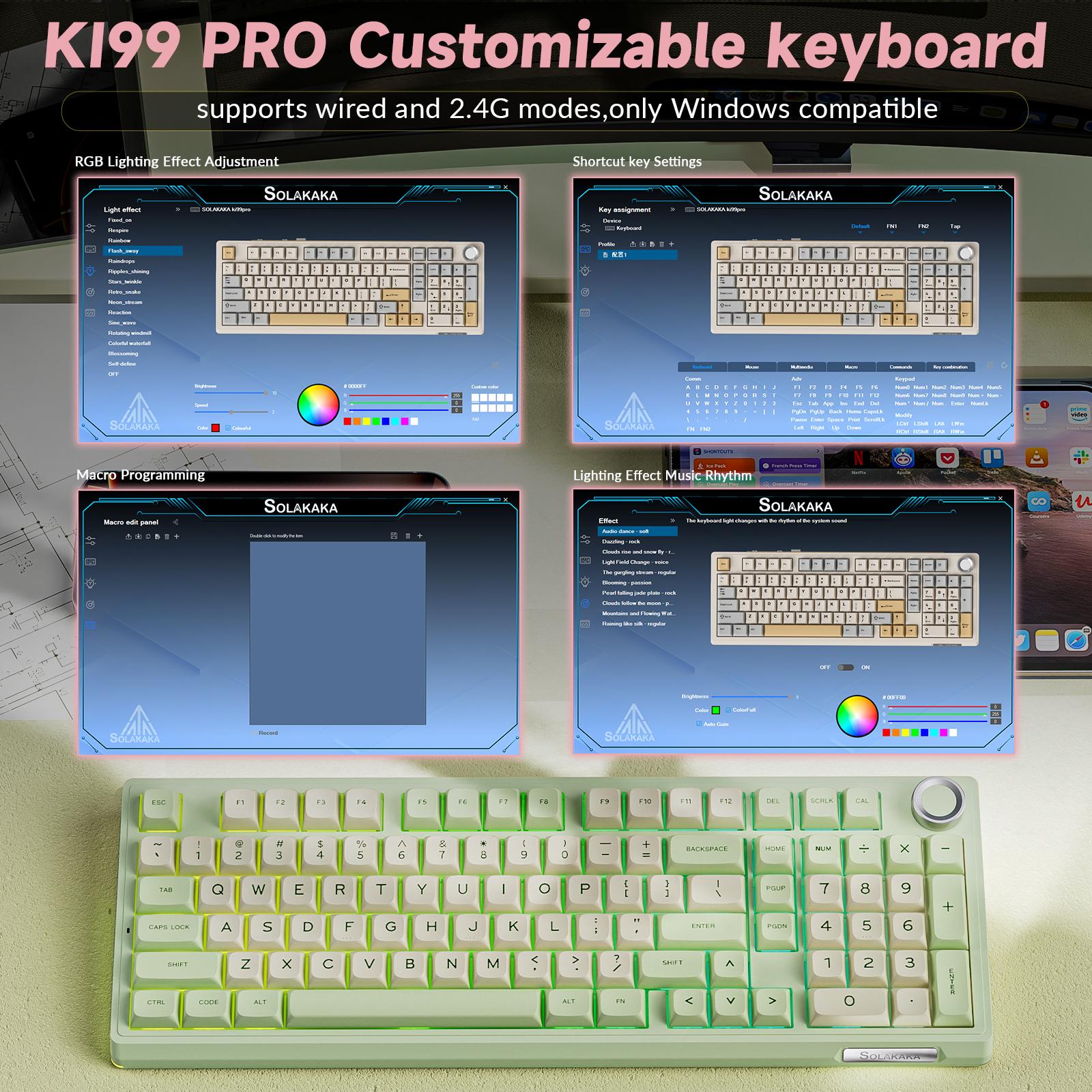 SOLAKAKA KI99 Pro Silent Wireless Mechanical Keyboard Quiet Switch Hot Swappable Silent Keyboard with RGB Backlit Gasket Structure Computer Gaming Keyboards Avocado Green
