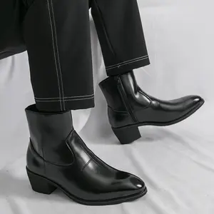 Mens Black Leather Ankle Boots Side Zipper Pointed Toe Dress Boots Vintage Cuban Heel Formal Footwear for Office Wedding and Business Casual