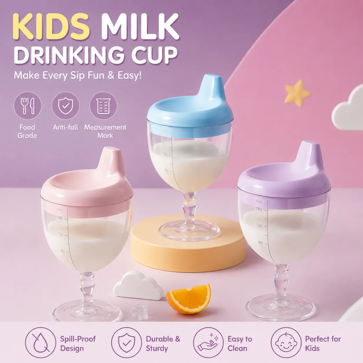 YRUIZEUP Leak-proof Baby Goblet Cup with Lid, Travel Sippy Bottle Cup, study cups, juice, milk, and water training cups, plastic cups with lids, birthday celebration supplies, beverage cups, Christmas gifts, Halloween gifts