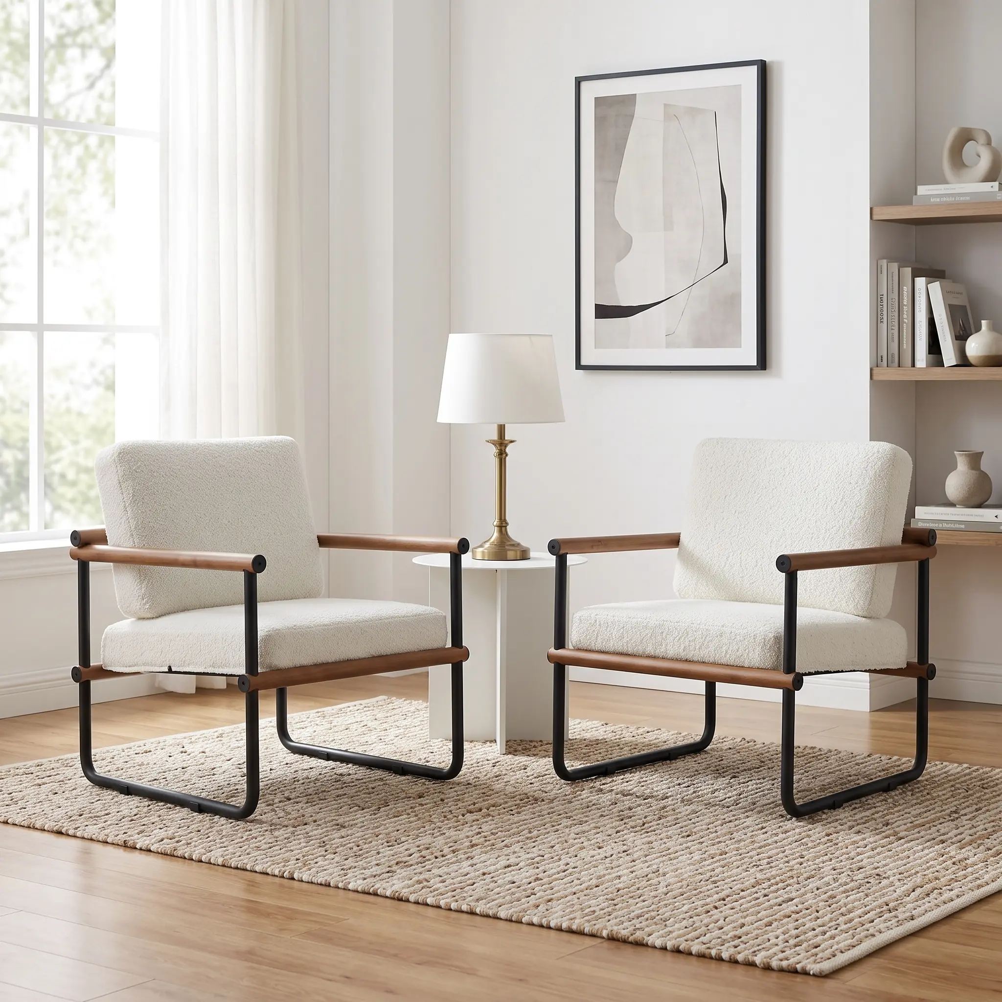 Nordic Minimalist Teddy Fleece Decorative Accent Chair, 2-Piece Cream White High Backrest Armchair with Solid Wood-Black Metal Frame, Soft Sherpa Fabric, Ergonomic Lumbar Pillow, Durable Modern Reading Chair for Living Room, Bedroom, Easy Assembly, Two, A