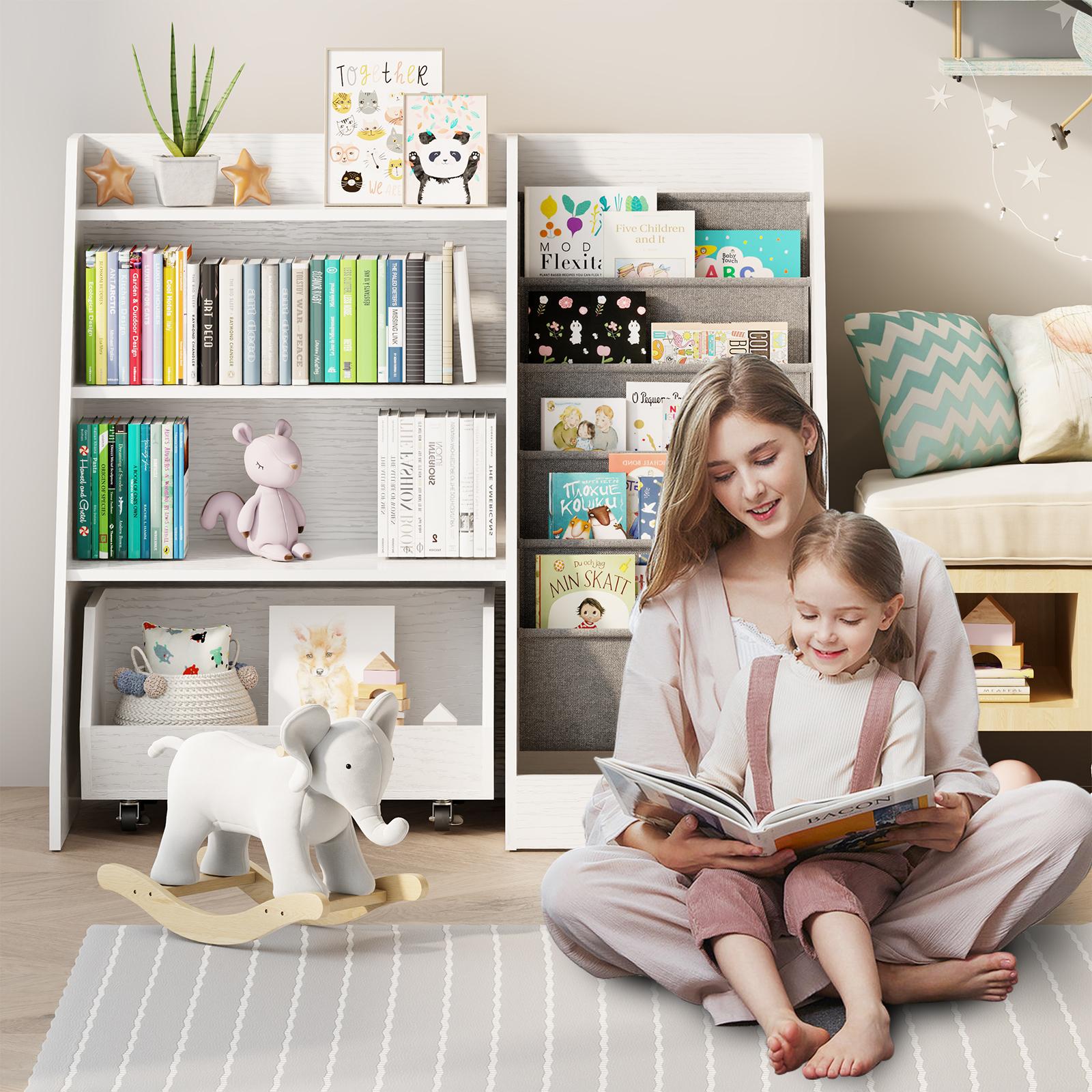 【LIVE】4-Tier Rolling Toy Storage Cabinet for Kids - 5 Layer Sling Toddler Furniture, Baby Furniture Book Rack, Organizing Nursery, Wooden Home Storage with Wheels