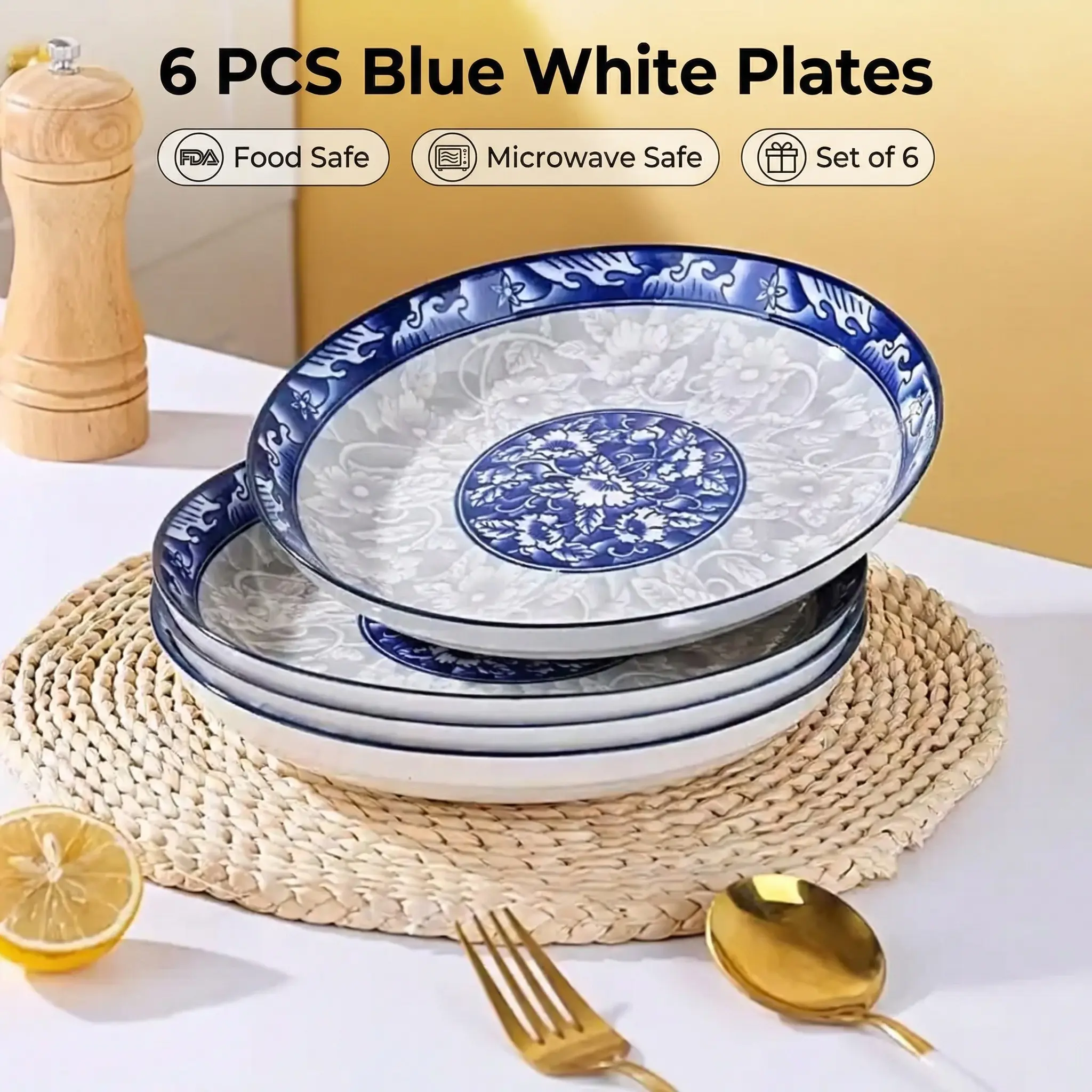 6pcs blue and white porcelain dinner plate set, made with underglaze painting, suitable for microwave and dishwasher use, can hold pasta, fruits and salad, ideal for holiday gatherings and gifts. Modern tableware set plate set Dinnerware Service Set