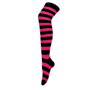 Striped Patterned Socks (Thigh High) Rose Red and Black