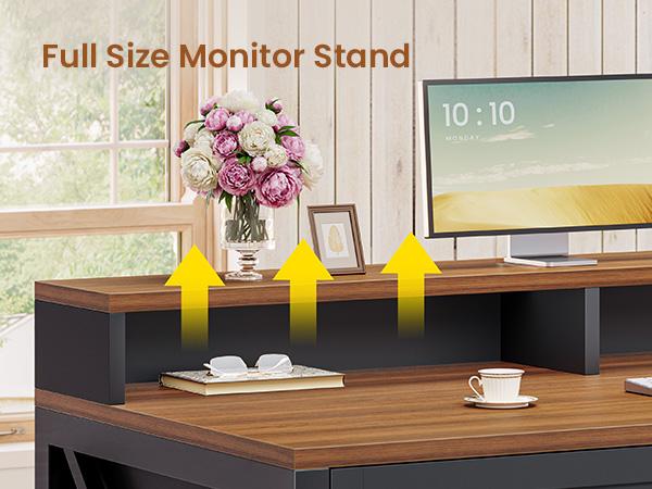 SEDETA 55 Inch Farmhouse Computer Desk with 4 Drawers Power Outlet Gaming Desk with Led Lights Storage Shelves Printer Cabinet