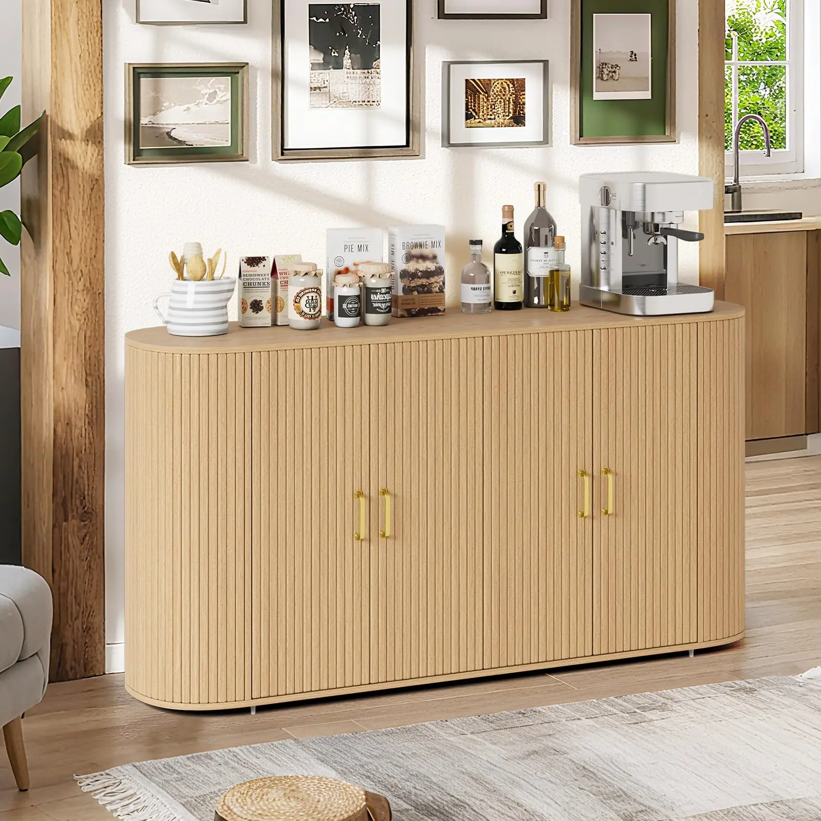 Garvee 63" Buffet Sideboard Cabinet with Storage, Fluted Accent Credenza with Adjustable Shelves, Modern Sideboard Cabinet with Curvy Edge, Console Table for Living Room, Dining Room, Kitchen or Entryway