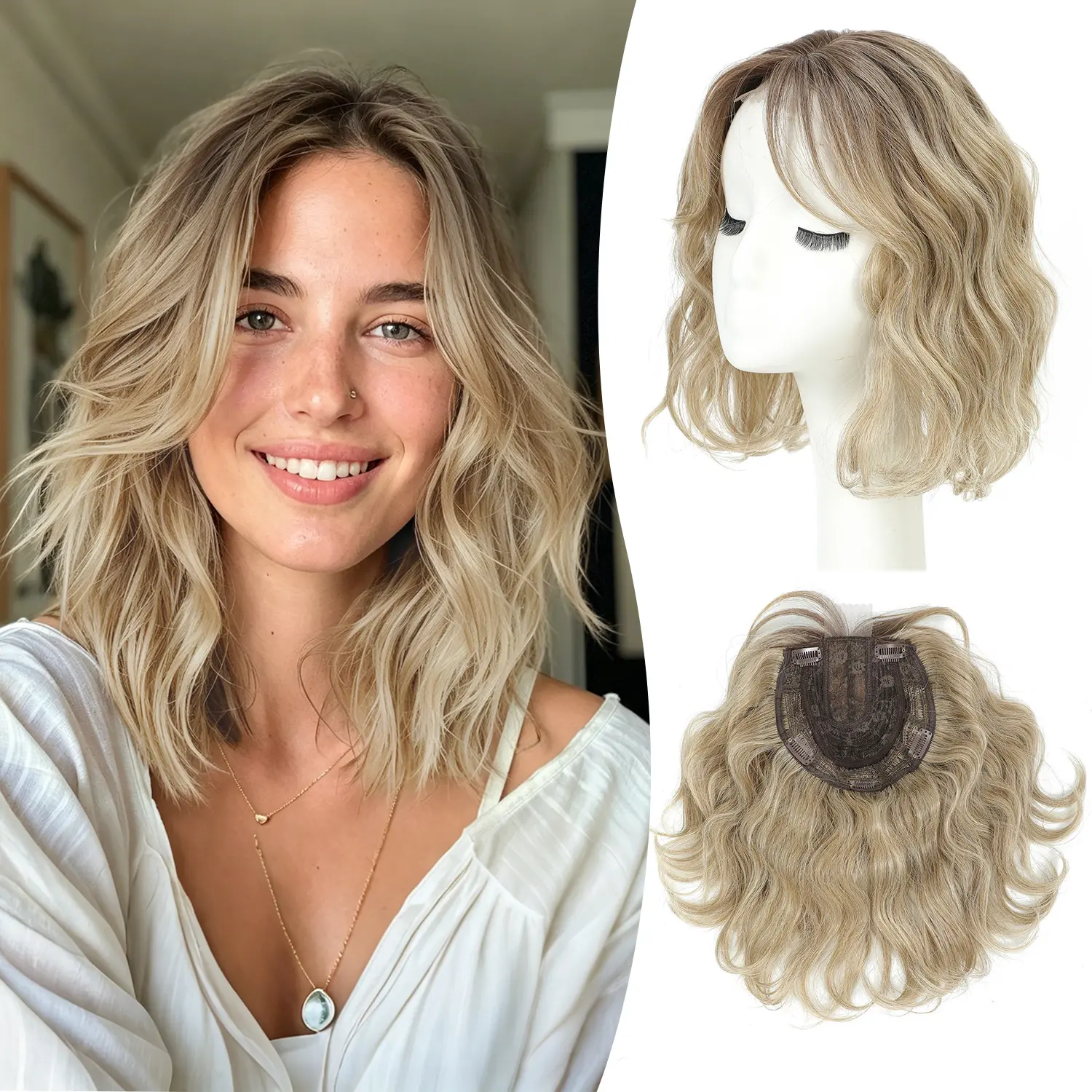 Ms Taj Female Synthetic Short Wavy Bob Hair Topper - 11in Volume Booster Wiglet, 6.5"x6.5" Base, Side Bangs, Snap Clips for Thinning Hair, Increase Volume, Maintain Beauty, Daily Use, Wedding (Female Wig with Half Wig Style), Wavy Texture
