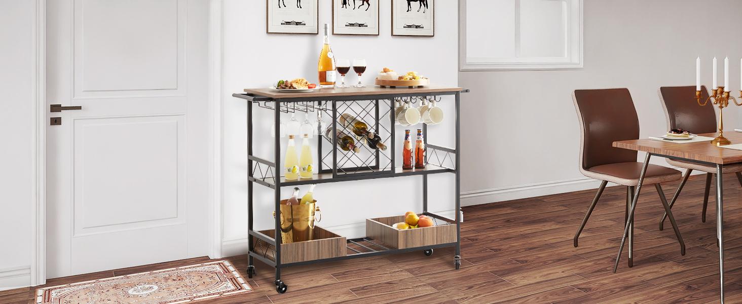 VEVOR 3-Tier Bar Serving Cart Rolling Trolley with Wine Grid Glass Holder 300LBS Organiser Racks
