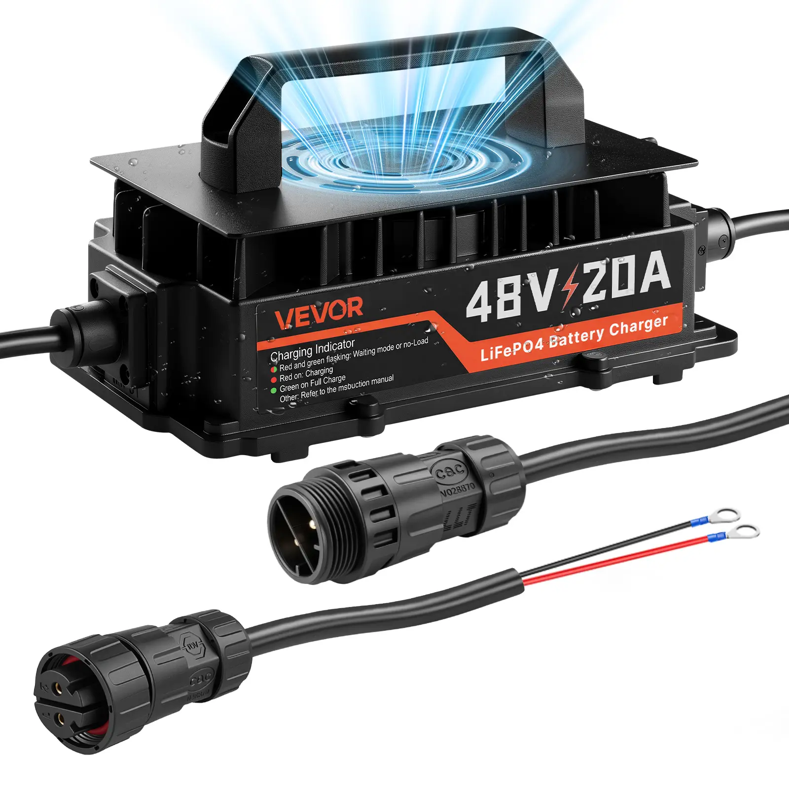 VEVOR Golf Cart Battery Charger 48V 20A Club Car EZGO Lithium Smart Charger, for LiFePO4 Battery, Aluminum Alloy Shell, Trickle Charging, LED Indicator, Cooling Fan, for Forklift, RV, IP67 Waterproof