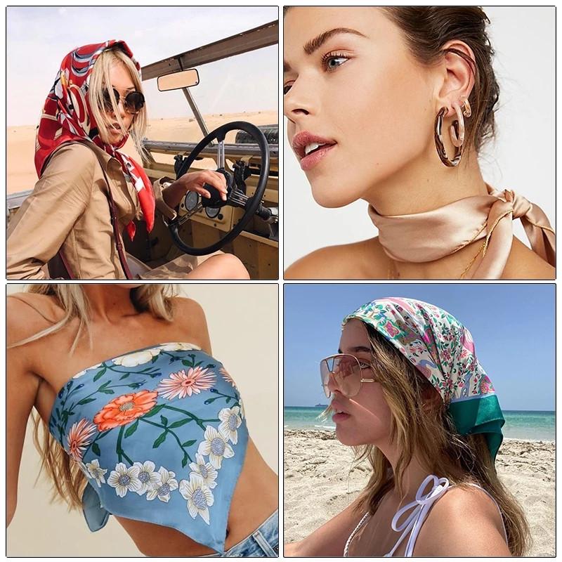 4-piece suit 35'' Printed Square Head Scarf Neck Scarves for Women Silk Like Hair Kerchief Bandanas Neck Scarf Shawls Sleeping Head Wraps Hair Band Headscarf Female Hair Accessories