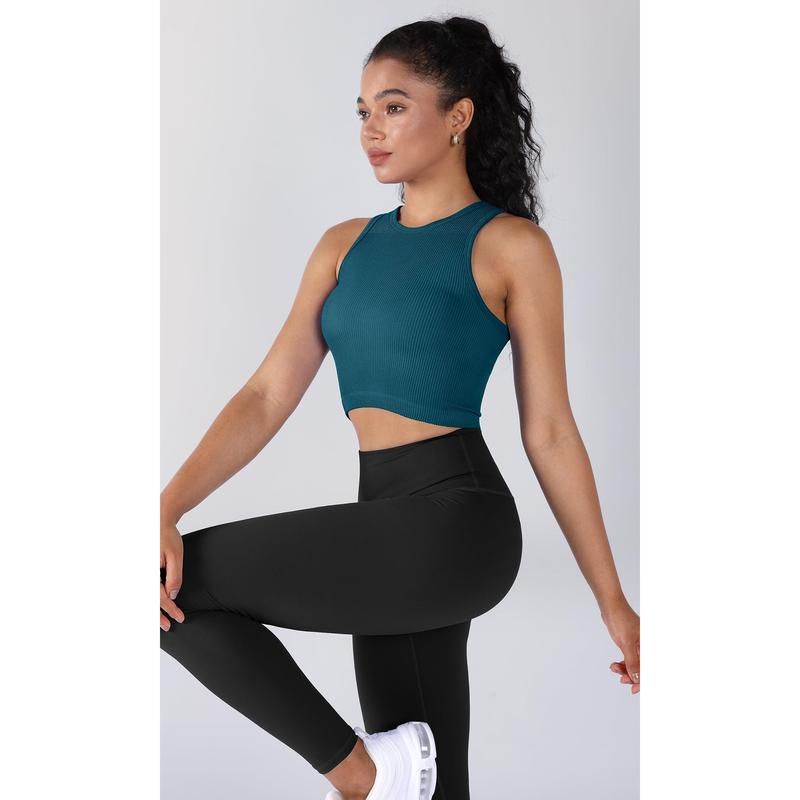 ODODOS 3-Pack Seamless Crop Tank for Women Ribbed Soft High Neck Cropped Tops