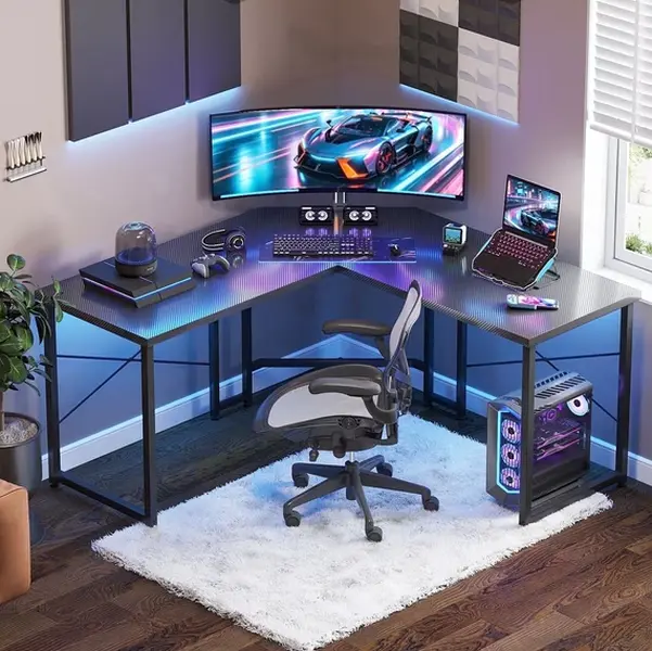 51" Reversible L-Shaped Computer Desk, Corner Gaming Desk, Home Office Workstation, Carbon Fiber Black