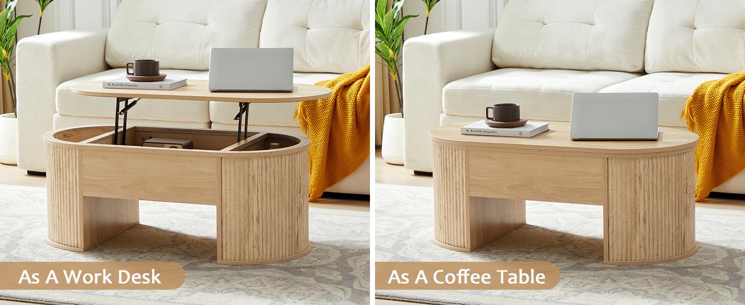 Giratree Fluted Coffee Table with Lifting Top, Oval Wood Lift Top Coffee Table with Hidden Compartment, Mid Century Pull up Center Tables for Living Room, Office