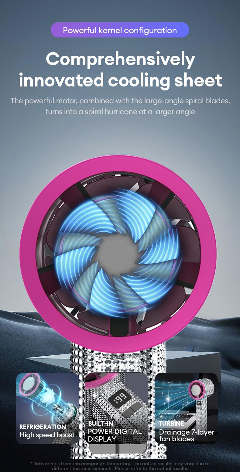 PAXA M15 Full Diamond Luxury Craftsmanship Portable Handheld Turbo Fan, 3 Gear Wind, Rechargeable Long Battery Life Hand Fan With Digital Display For Outdoor Activities, Travel, Office, Wonmen's gift