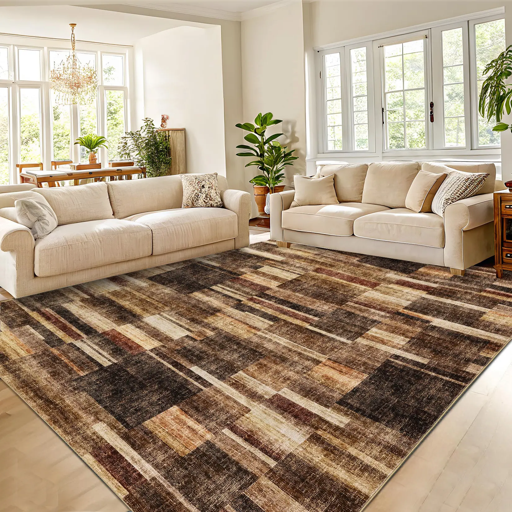 Modern Geometric Washable Carpet Soft Non-linting Rug Anti-fouling and Non-slip for Living Room Bedroom Restaurant Farmhouse Office