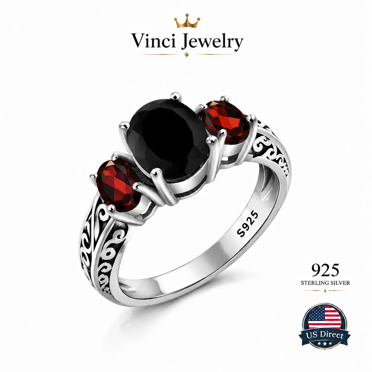 S925 Sterling Silver 2.73 Cttw Black Onyx and Red Garnet 3 Stone Ring For Women, Vintage Artificial Gemstone Jewelry, Crystal Synthetic Obsidian Ring Wedding Engagement Anniversary Promise Ring For Women, Statement Ring Gift for Her Mother's day Gift