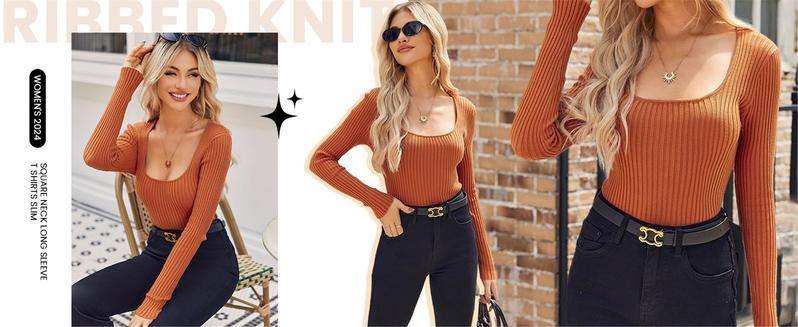 Women's Super Soft Stretchy Ribbed Knit Sweater Square Neck Long Sleeve Slim Fitted Tunic Top for Fall Winter Essential Casual Outfit