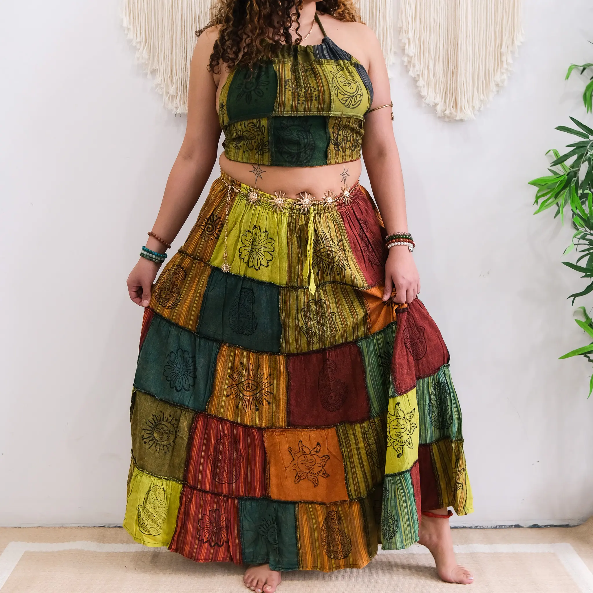 Patchwork Cotton Skirt, Boho Hippie Style Skirt, Cottage core Handmade Patch Skirt, Retro Style Flowy Tiered Skirt with Pockets