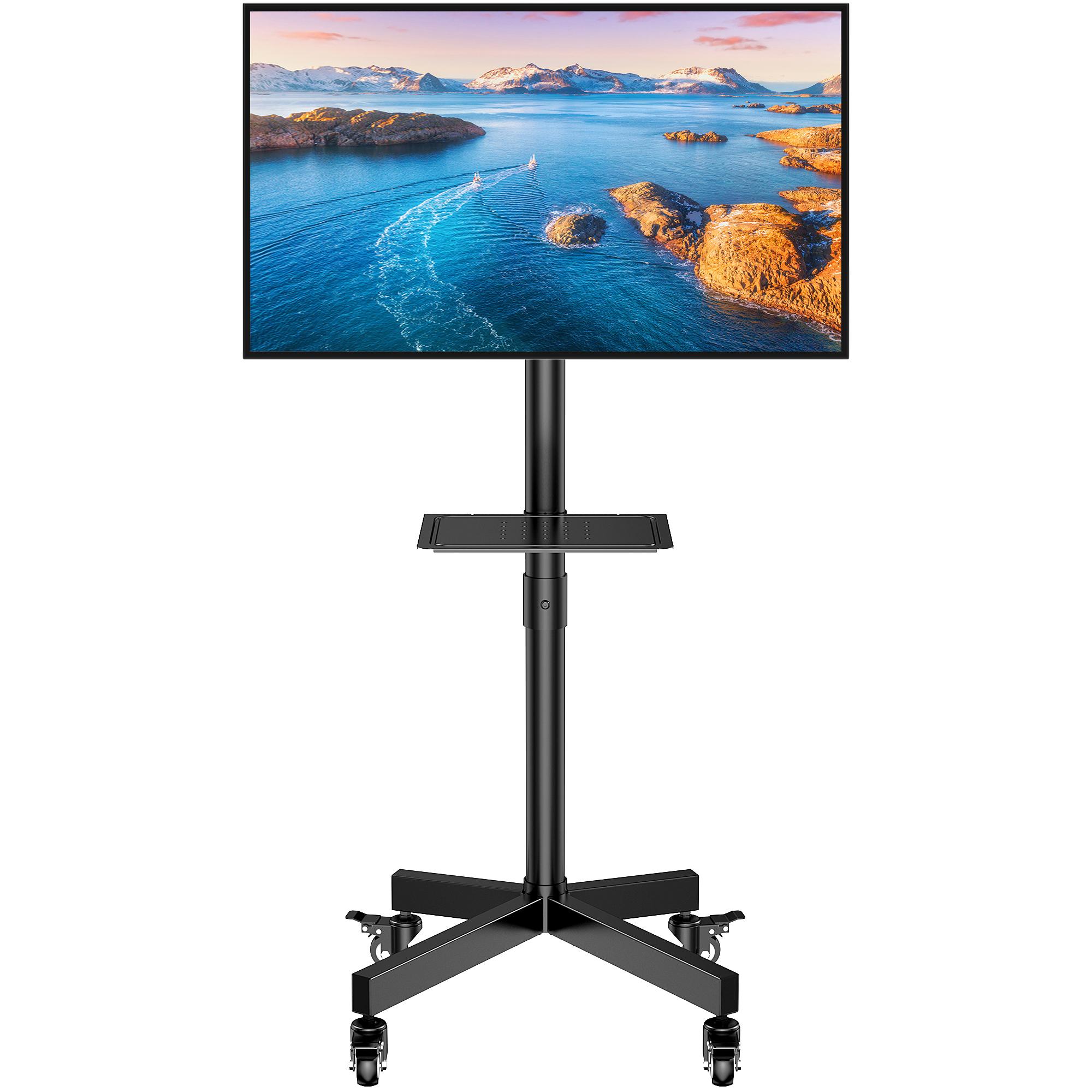 Forged Mobile TV Stand. Suitable for 23-65-inch LCD/LED flat-panel/curved TVs. 15° tilt TV cart. Capacity up to 88 lbs. Portable stand with laptop holder. Rolls flat to the floor. Lockable wheels. Max VESA 400x400mm. HeightAdjustable Portable TVStand with