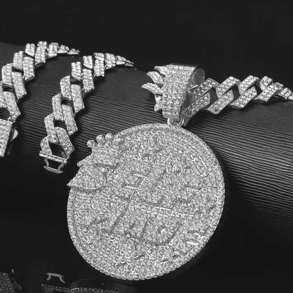 Hip Hop SELFMADE Letter Pendant Necklace, Ice Crystal Street Style Full Diamond Round – Zinc Alloy Miami Cuban Chain, Sparkling Rhinestone Jewelry for Daily Wear, Includes Elegant Gift Box