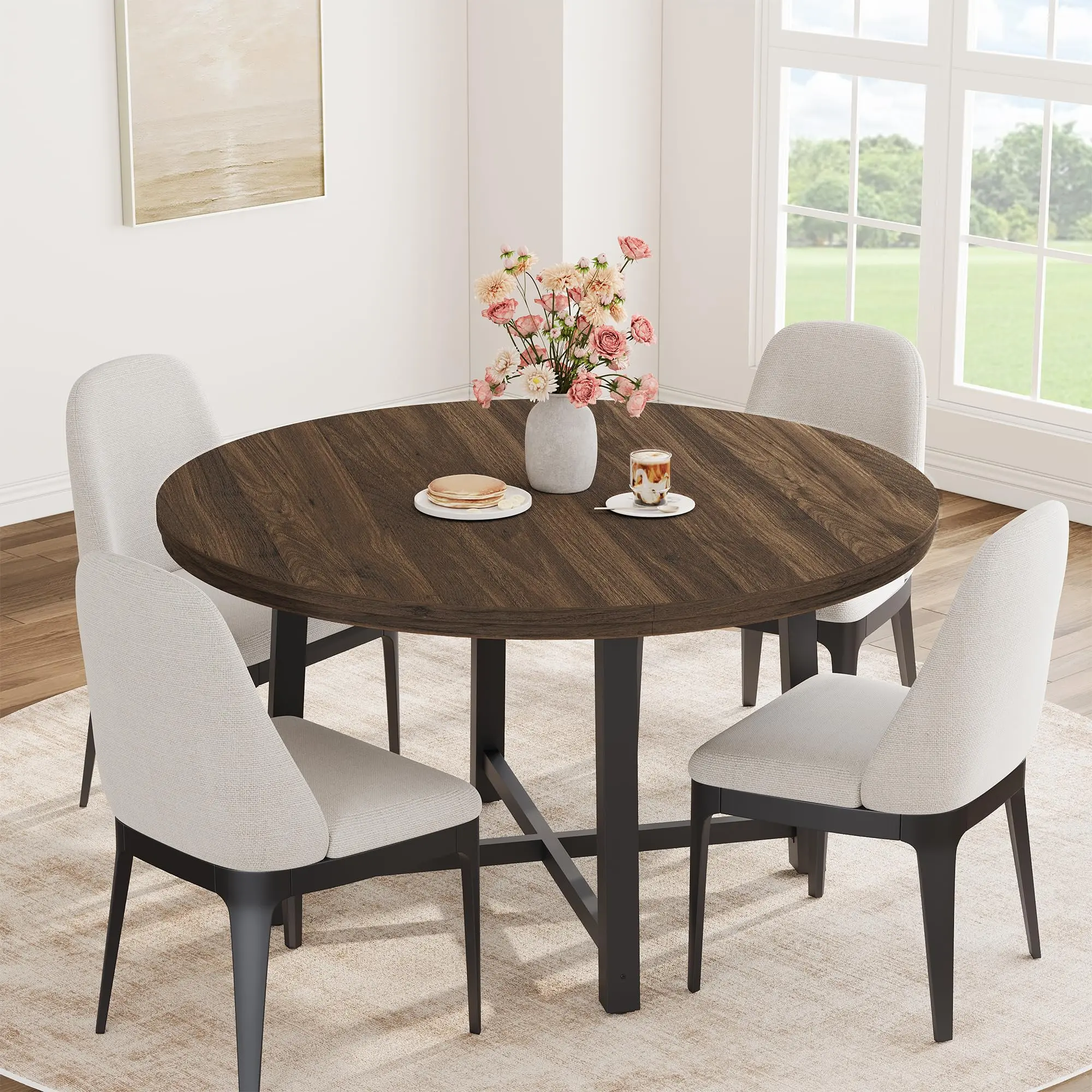 Garvee 47" Round Dining Table for 4 with Sturdy Metal Frame, Wood Circle Kitchen Table in Brown, Space-Saving Design Ideal for Kitchen and Dining Rooms
