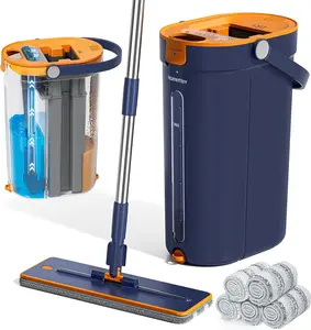 Mop and Bucket Set with Wringer, 3-Tank Flat Mop and Bucket System, Wall Mop Cleaner with Long Handle, Hands Free Mops for Floor Cleaning with 6 Microfiber Pads