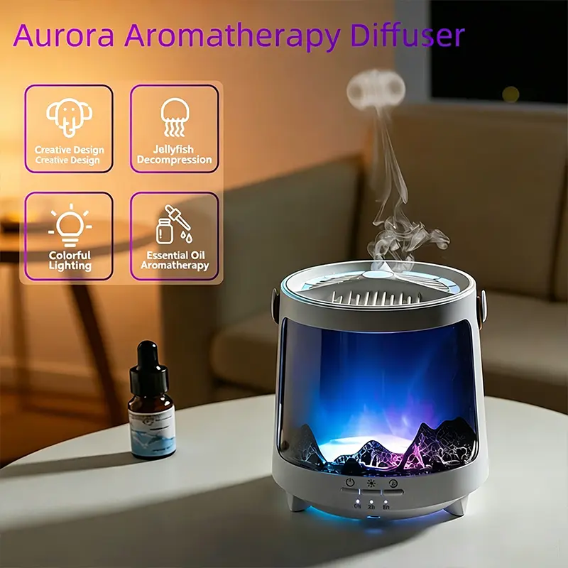 Essential Oil Diffuser, Ultrasonic Aromatherapy Humidifier with Jellyfish Mist, Aurora & Flame Light Effect, Timer Mini Aroma Scent Machine for Home Bedroom Office Decor Best Gifts, Aroma Diffuser Humidifiers, Usb Powered Humidifier