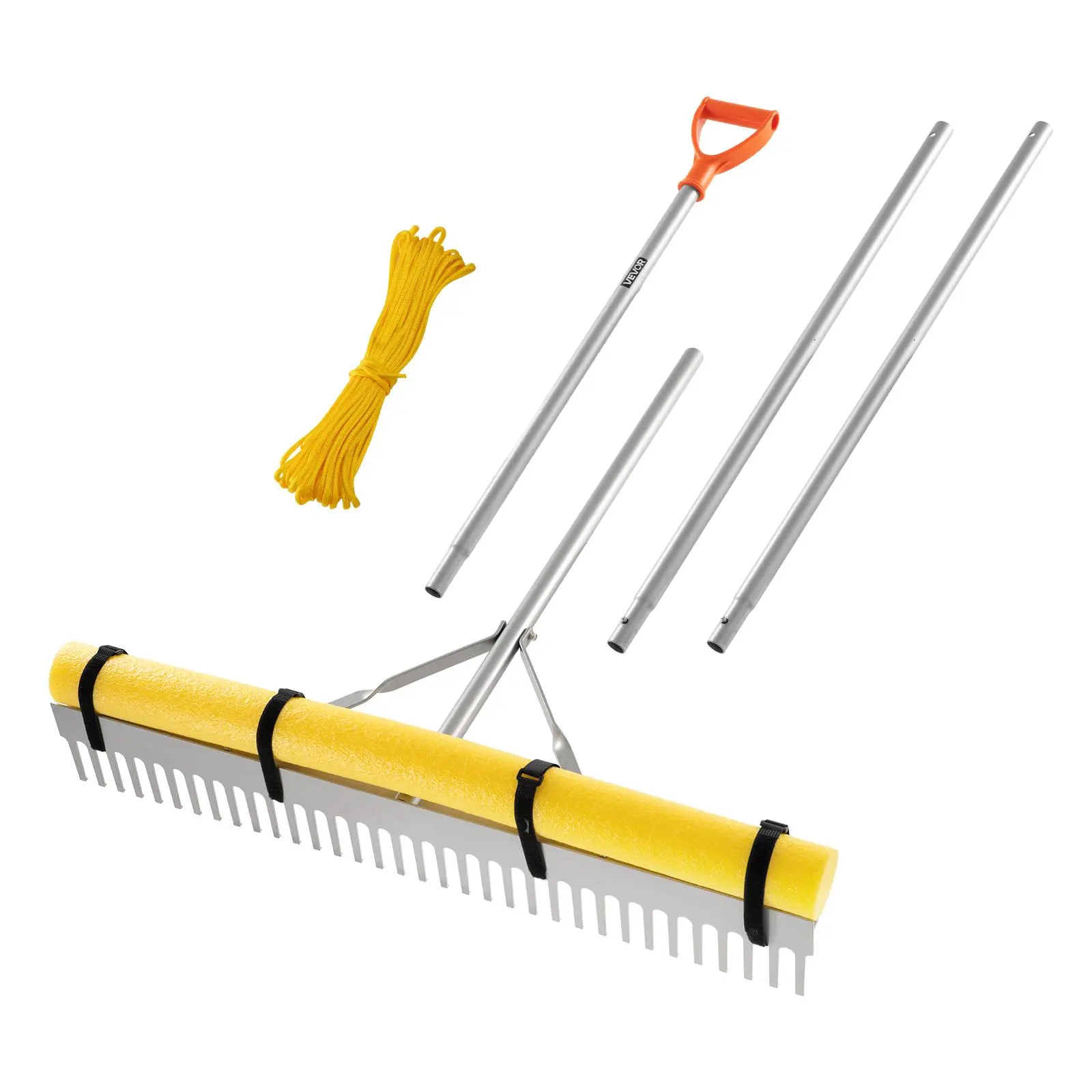 VEVOR 36in Landscape Leaf Rake, 102in Adjustable Handle Yard Tool, Heavy-Duty Aluminum Alloy, Crack-Resistant, 52ft Rope, Durable Gardening Tool for Lawn Care, Soil Loosening#BackToSchool