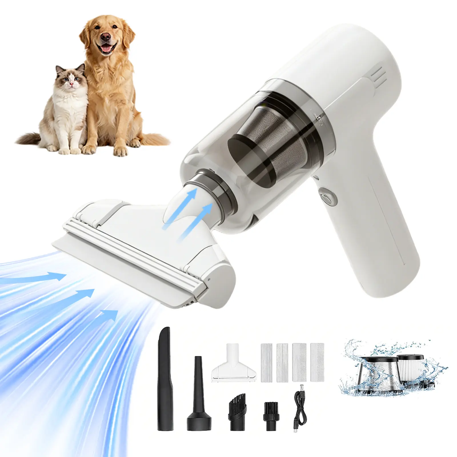 2-in-1 Cordless HEPA Filter Pet Hair Vacuum & Brush, Rechargeable Portable Handheld Cleaning Tool with Universal Portable Power for Couch, Carpet Deshedding, Fur Remover