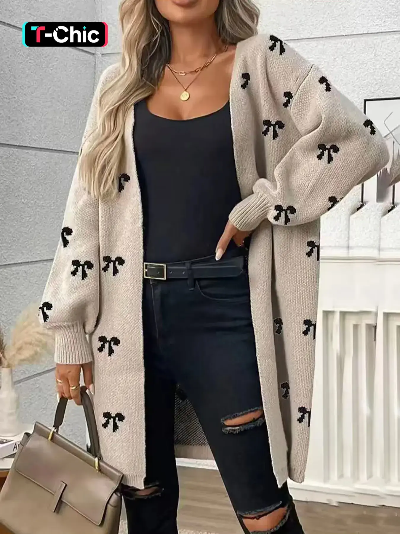 Autumn Winter New High-End Bow Pattern Knit Long Cardigan Sweater, Casual Versatile Outerwear, Elegant Lazy Style, Comfortable Color Block Design, Knitwear, Knitted Clothes