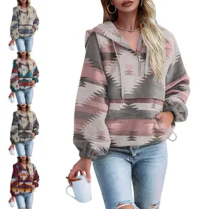 LAICIGO Womens Aztec Half Zip Up Hoodies Sweatshirt Casual Long Sleeve Oversized Ethnic Tribal Hooded Pullover Shirt Top