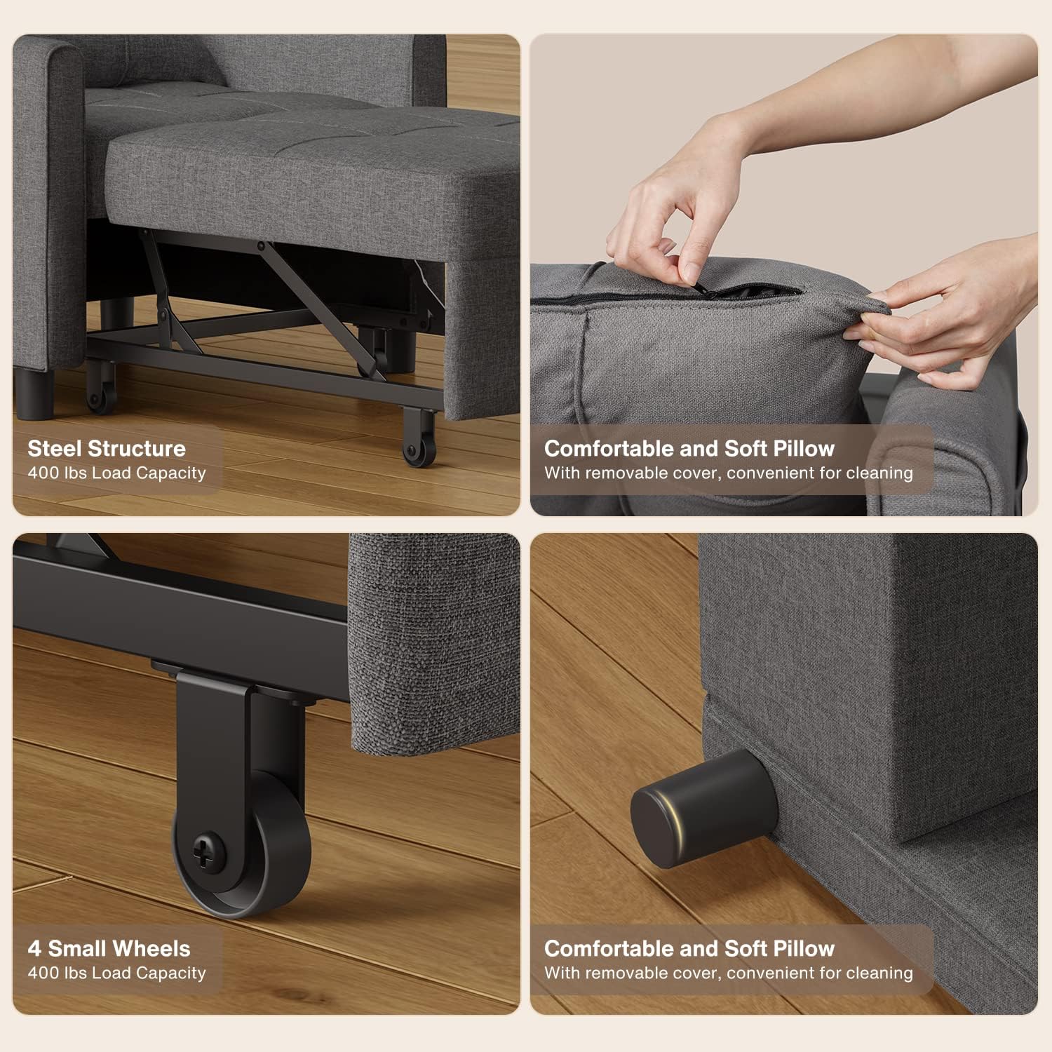 Gizoon Convertible Futon Sofa Bed, 3-in-1 Multi-Functional Sleeper Chair Bed, Adjustable Backrest Recliner with Modern Linen Fabric for Living Room Bedroom Apartment Small Space, Dark Grey Daybed Furniture