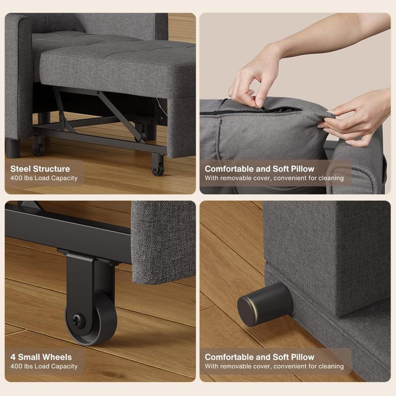 Gizoon Convertible Futon Sofa Bed, 3-in-1 Multi-Functional Sleeper Chair Bed, Adjustable Backrest Recliner with Modern Linen Fabric for Living Room Bedroom Apartment Small Space, Dark Grey Daybed Furniture