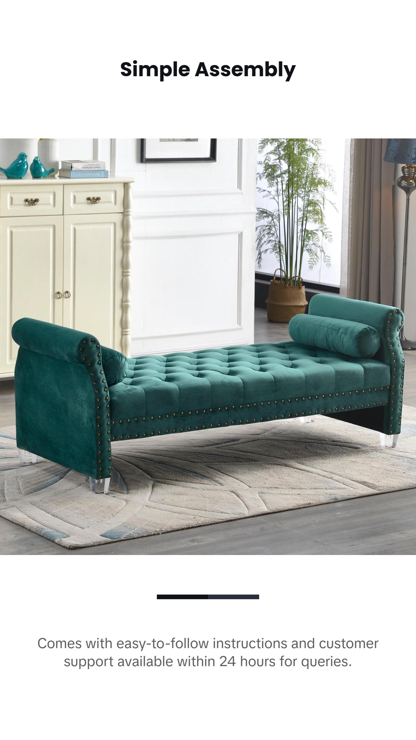 Premium 70in Velvet Tufted Upholstered Bed Bench, Rolled Arm Deep Seat Chaise Lounge with Nail Head Trim, End of Bed Long Ottoman Couch for Window and Bedroom